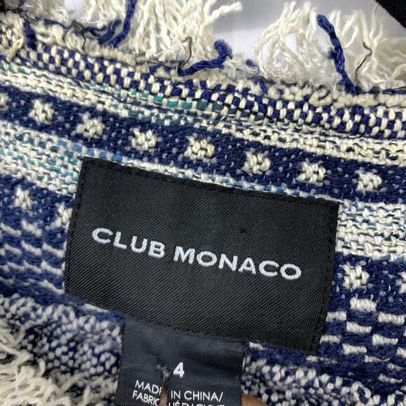 Club Monaco Full Zip Blazer Womens Size 4 Blue Cream Fringe Textured Striped - Picture 5 of 6